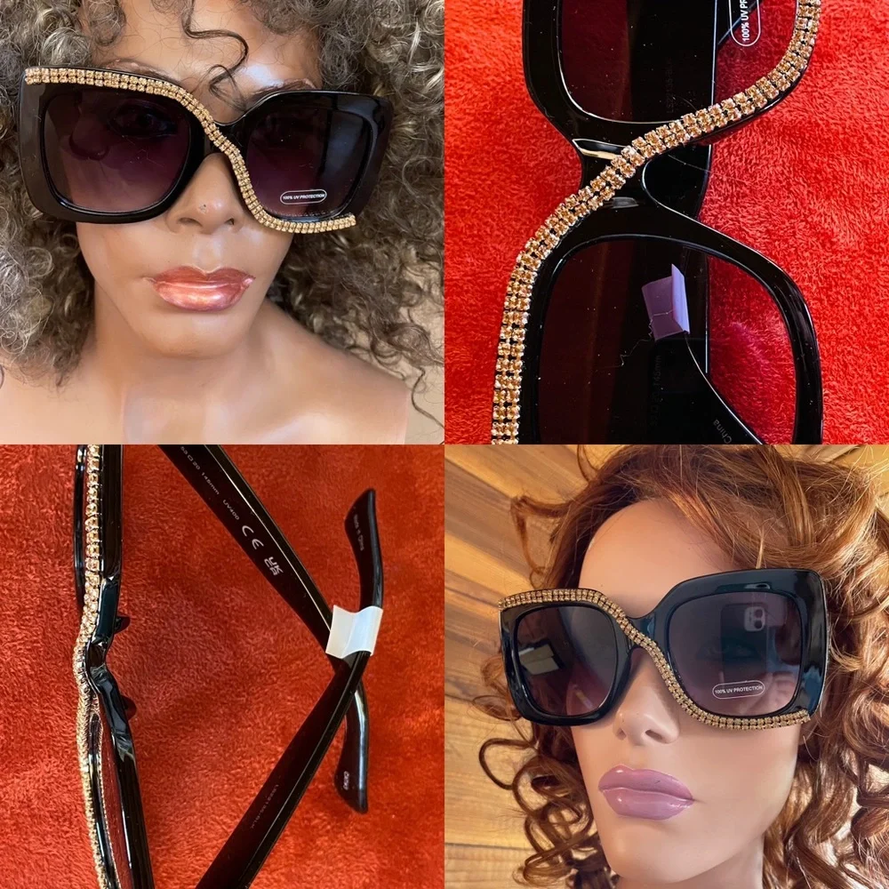 Fabulous New Gold RHINESTONE Embellished Oversized Square SUNGLASSES